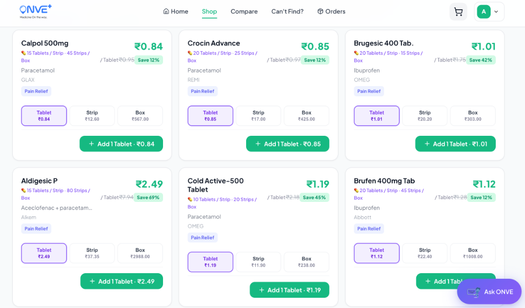 ONVE Website — Browse Medicines Online